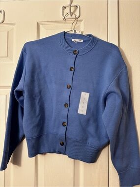 GU Blue Button-Front Crewneck Cardigan Sweater